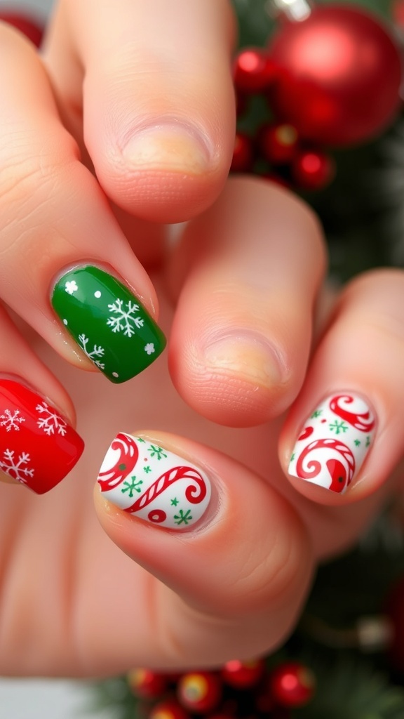 Close-up of short Christmas nails with festive designs in red, green, and white.